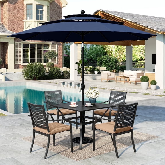 SUMMIT LIVING 6-Piece Outdoor Patio Dining Set with 10 ft Umbrella, Metal Steel Square Table & 4 Stackable ArmChairs with Cushions, Black & Navy-blue