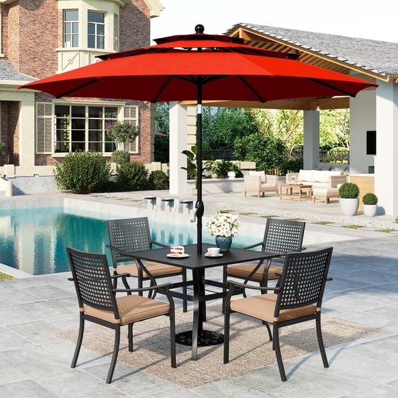 Summit Living 6-Piece Outdoor Patio Dining Set with 10 ft Umbrella, Metal Steel Square Table & 4 Stackable ArmChairs with Cushions, Black & Red