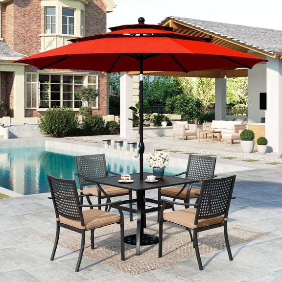 SUMMIT LIVING 6-Piece Outdoor Patio Dining Set with 10 ft Umbrella, Metal Steel Square Table & 4 Stackable ArmChairs with Cushions, Black & Red