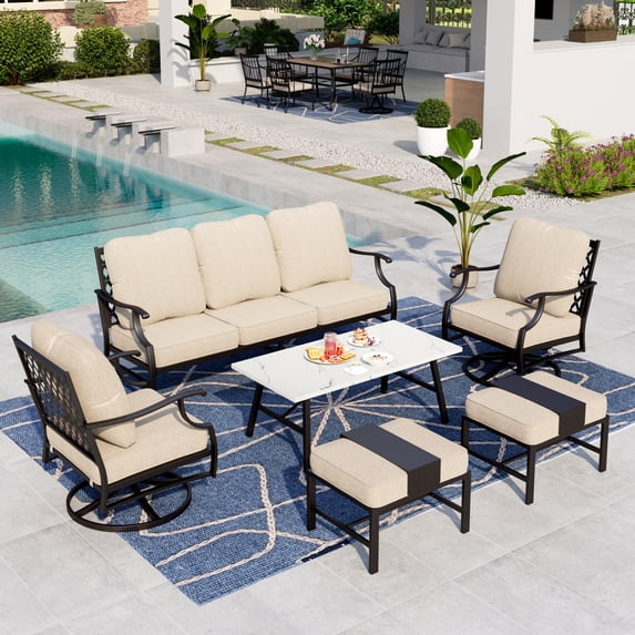 Summit Living 6 Piece Patio Furniture Outdoor Conversation Set Metal Sofa for 7 People, Beige Cushions