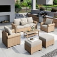 thumbnail image 1 of MF Studio 6-Piece Wicker Outdoor Conversation Set, 7-Seat Rattan Patio Furniture Set with 2 Ottomans and Double-Tier Coffee Table, Beige, 1 of 11