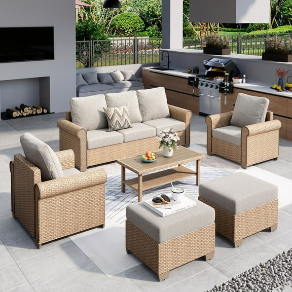MF Studio 6-Piece Wicker Outdoor Conversation Set, 7-Seat Rattan Patio Furniture Set with 2 Ottomans and Double-Tier Coffee Table, Beige