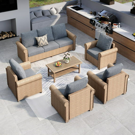 MF Studio 6-Piece Wicker Outdoor Conversation Set, 7-Seat Rattan Patio Furniture Set with Double-Tier Coffee Table, Gray