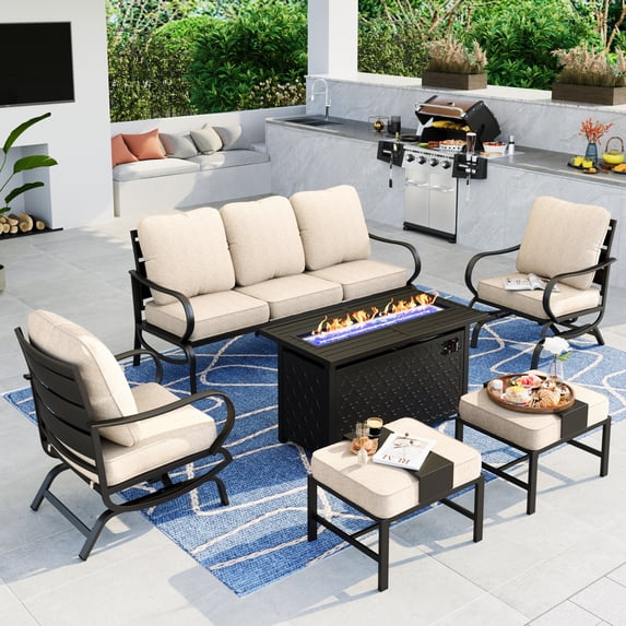 Summit Living 6 Pieces Patio Conversation Set with 45-Inch Rectangle Fire Pit, Outdoor Metal Furniture Sofa for 7 Person, Beige Cushions