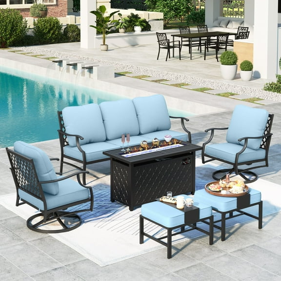 Summit Living 6 Pieces Patio Conversation Set with 45" Rectangle Fire Pit, Outdoor Furniture Metal Sofa, Beige Cushions