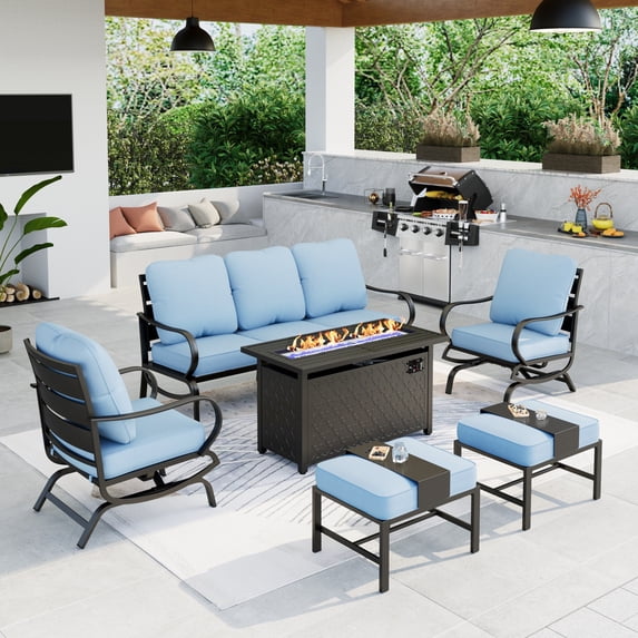 Summit Living 6 Pieces Patio Conversation Set with 45 inch Rectangle Fire Pit, Outdoor Metal Furniture Sofa for 7 Person, Beige Cushions