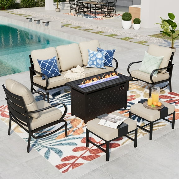 Summit Living 6 Pieces Patio Conversation Set with 45 inch Rectangle Fire Pit, Outdoor Metal Furniture Sofa for 7 Person, Beige Cushions