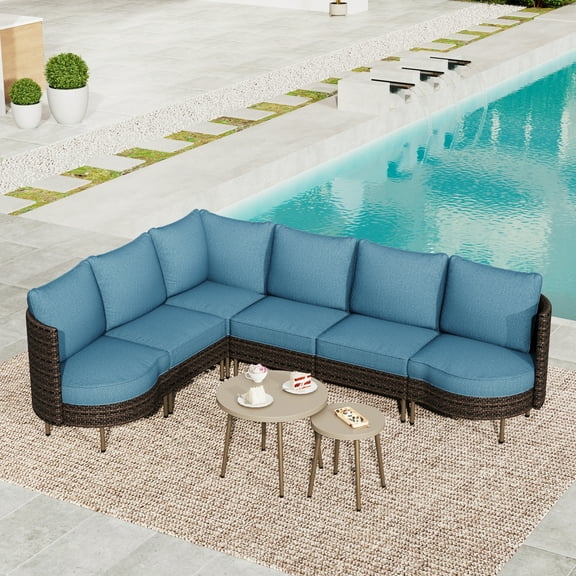 Summit Living 6-Seat Wicker Patio Furniture Set with Cushions and Pillows & 2 Stackable Metal Coffee Tables, Outdoor Sectional Conversation Set, Blue