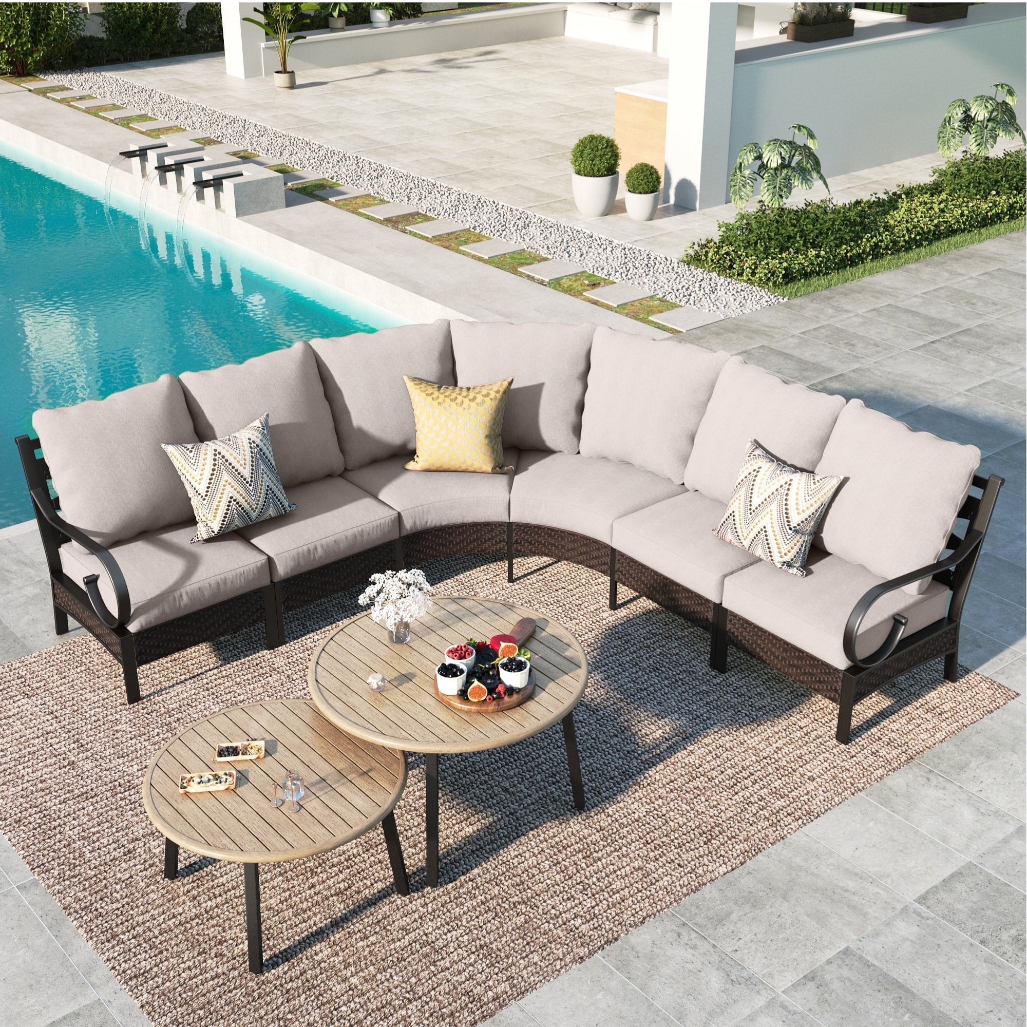 Summit Living 6-seat Outdoor Patio Furniture Set, Half-moon Outdoor Sectional Conversation Set with 2 Nesting Round Wood-grain Coffee Table, Black & Beige