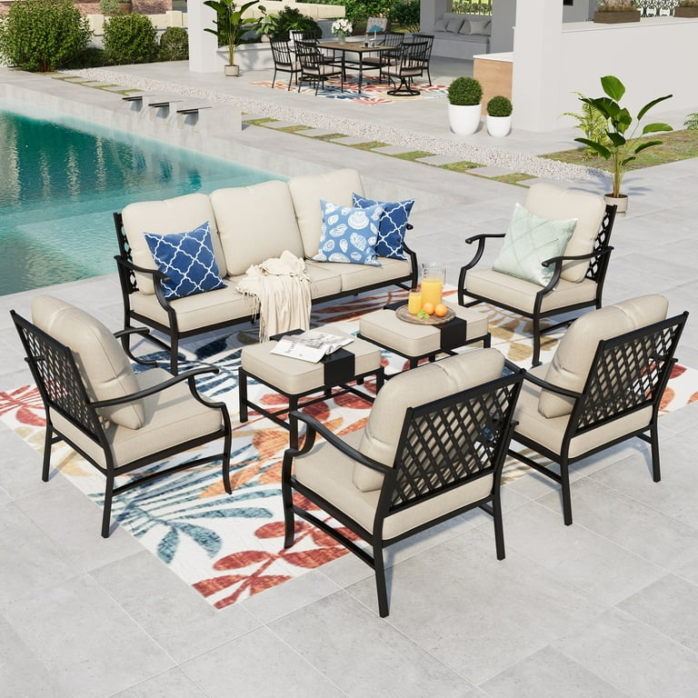 Summit Living 7 Pcs Outdoor Conversation Set Metal Patio Furniture Sofa Set for 9 Person with Beige Cushions