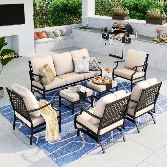 Summit Living 7 Pcs Outdoor Conversation Set, Metal Patio Furniture Sofa Set for 9 Person with Beige Cushions