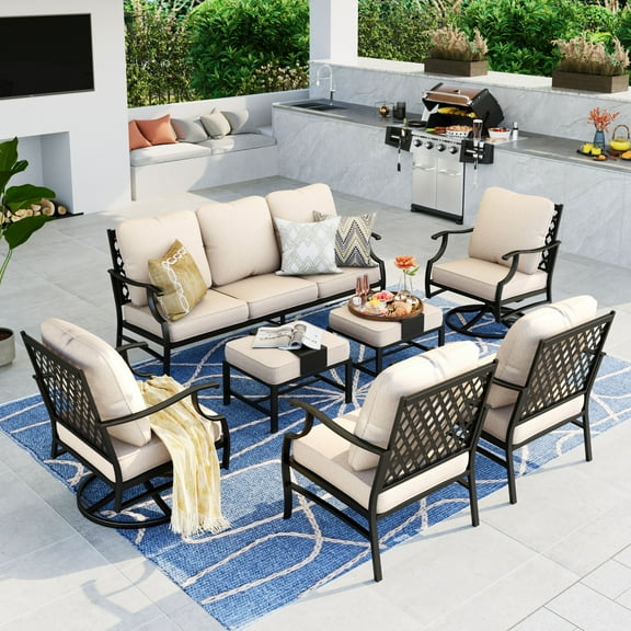 Summit Living 7 Pcs Outdoor Conversation Set, Metal Patio Furniture Sofa Set for 9 Person with Beige Cushions