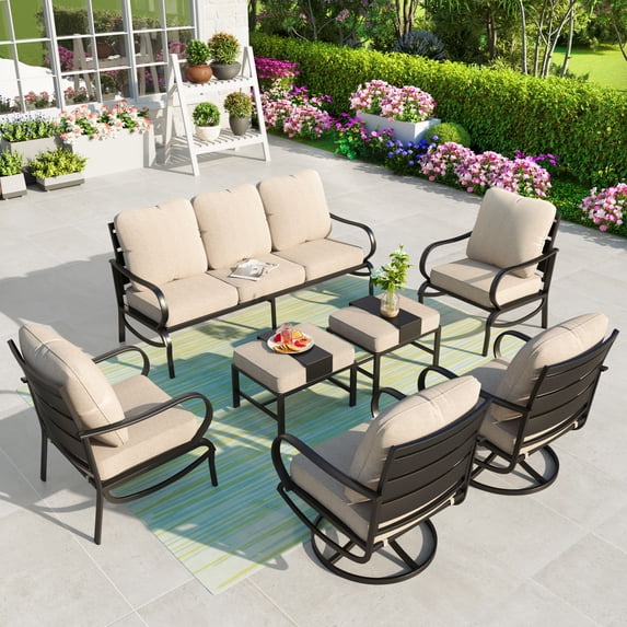 Summit Living 7 Pcs Outdoor Conversation Set, Patio Metal Furniture Sofa Set for 9 Person with Beige Cushion