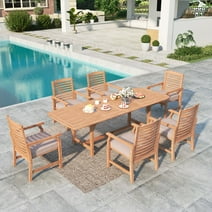 Summit Living 7-Piece Acacia Wood Outdoor Patio Dining Set with 6 Wooden Chairs with Cushions & 1 Expandable Teak Dining Table for 6-8 Person