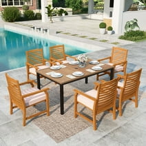 Summit Living 7-Piece Acacia Wood Outdoor Patio Dining Set with 6 Wooden Chairs with Cushions & 1 Metal Steel Dining Table