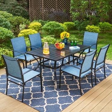 Summit Living 7 Piece Adult Modern Textilene Dining Table with Chairs, Black & Blue
