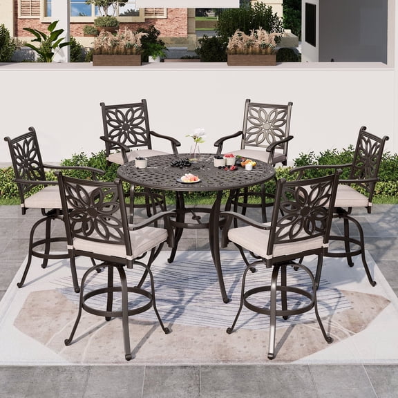 SUMMIT LIVING 7-Piece Cast Aluminum Outdoor Swivel Bar Stool & Table Set, High Top Counter Height Patio Bar Chairs with Seat Cushions & Bar Round Table with Umbrella Hole, Brown & Beige