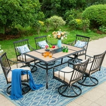Summit Living 7-Piece Outdoor Dining Set with Cushioned Swivel Chairs & Faux Wood Table for 6-Person, Black & Beige