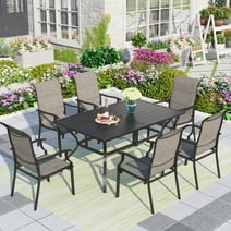 Summit Living 7-Piece Outdoor Dining Set with High-Back Padded Chairs for 6-Person, Umbrella Support, Black & Gray