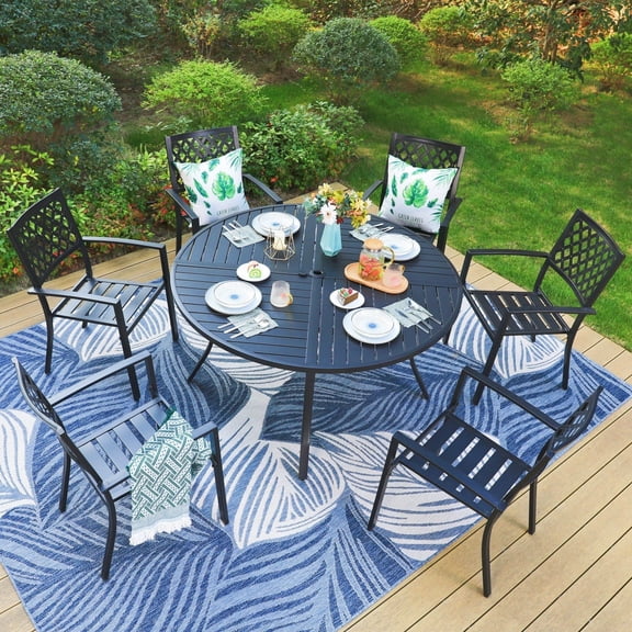 SUMMIT LIVING 7-Piece Outdoor Patio Dining Set with Round Table & Stacking Chairs for 6, All Metal Steel, Black
