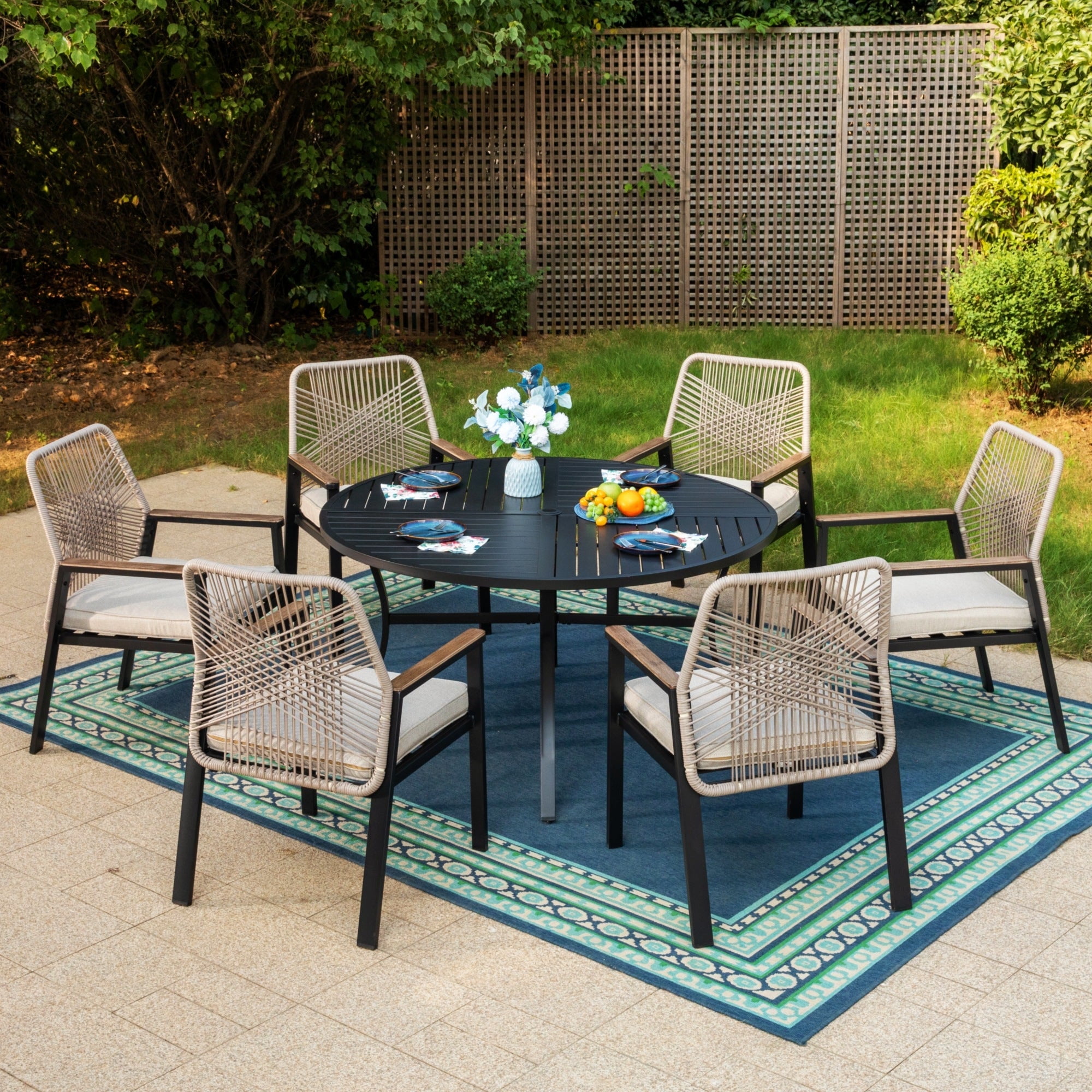 Walmart exclusive discounts  MF Studio 7-Piece Outdoor Dining Set with Large Round Table & Rattan Chairs for 6-Person, Black and Beige