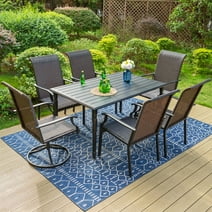 Summit Living 7-Piece Outdoor Dining Set with Swivel Padded Chairs & Rectangle Table for 6-Person, Umbrella Support, Black & Brown