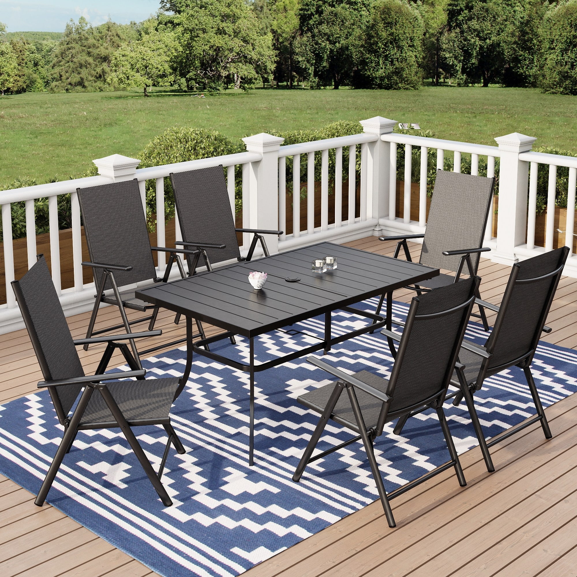 MF Studio 7 Piece Patio Dining set with 6 Outdoor Folding Adjustable High Back Chairs and Rectangular Table Black and Blue