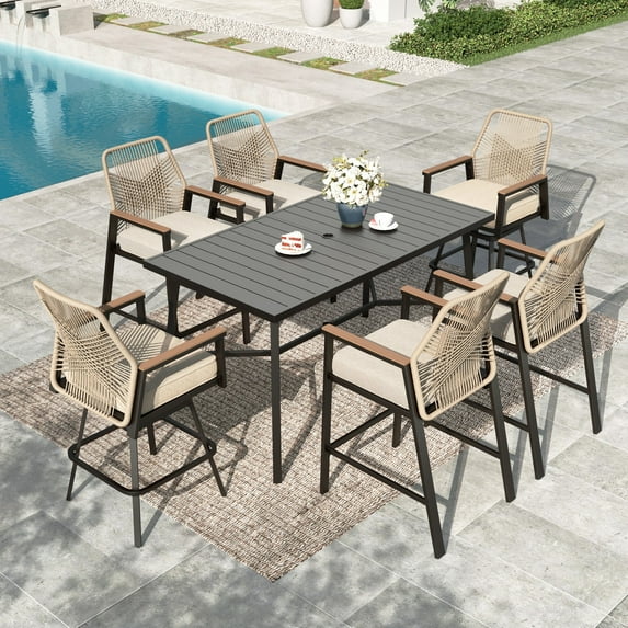 MF Studio 7-Piece Outdoor Patio Bar Set, All-Weather Rattan Bistro Set Dining Set with Fixed & 2 Swivel Patio Bar Stools, 67” Rectangle Bar Table