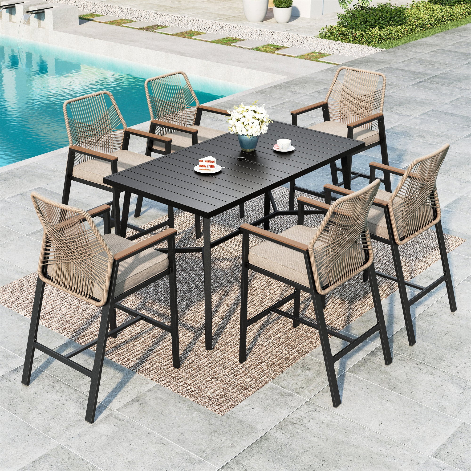 MF Studio 7-Piece Outdoor Patio Bar Set Dining Set, All-Weather Rattan Bar Height Table Set with Removable Cushions, 67” Rectangle Bar Table