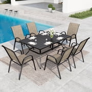 SUMMIT LIVING 7-Piece Outdoor Patio Dining Set, 6 Stackable Textilene Chairs Weight Capacity 350 lbs and Metal Steel Table with Umbrella Hole, Black & Grayish-brown