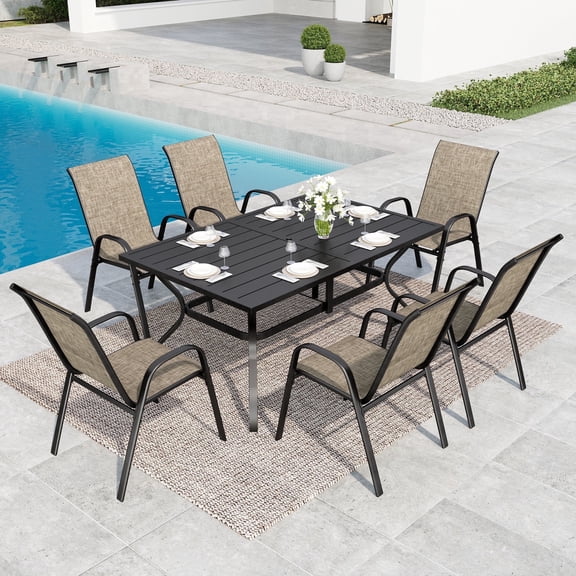 Summit Living 7-Piece Outdoor Patio Dining Set, 6 Stackable Textilene Chairs (Weight Capacity 350 lbs) and Metal Steel Table with Umbrella Hole, Black & Grayish-brown