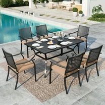 Summit Living 7-Piece Outdoor Patio Dining Set, Metal Steel Stackable Chairs with Cushions & Rectangle Table with Umbrella Hole, Black & Brown