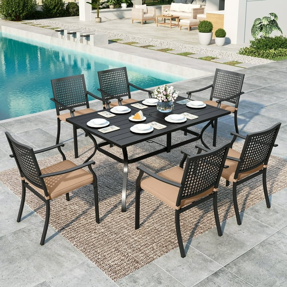 Summit Living 7-Piece Outdoor Patio Dining Set, Metal Steel Stackable Chairs with Cushions & Rectangle Table with Umbrella Hole, Black & Brown