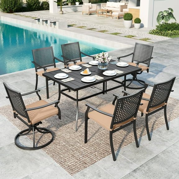 Summit Living 7-Piece Outdoor Patio Dining Set, Metal Steel Swivel Chairs with Cushions & Rectangle Table with Umbrella Hole, Black & Brown