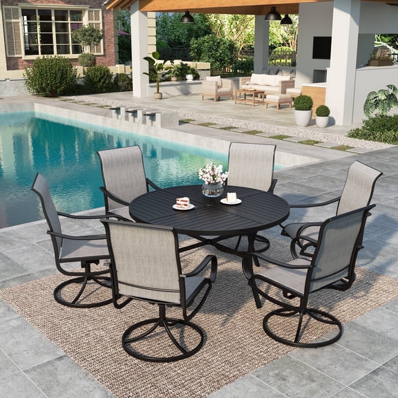 SUMMIT LIVING 7-Piece Outdoor Patio Dining Set, Swivel Textilene Chair & 54" Metal Square Table with Umbrella Hole, Black & Light Gray