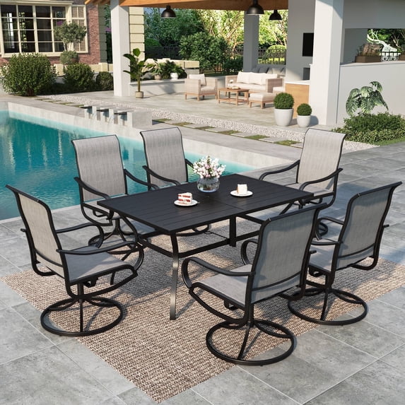 SUMMIT LIVING 7-Piece Outdoor Patio Dining Set, Patio Swivel Textilene Chairs & 60" Rectangle Metal Table with Umbrella Hole, Black & Light Gray