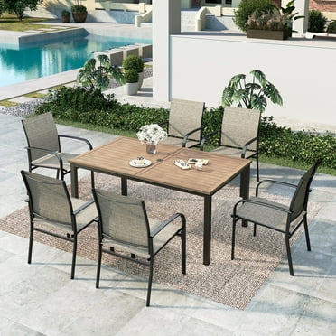 Summit Living 7-Piece Outdoor Patio Dining Set with 6 Pieces Textilene Chairs & Rectangular Steel Table with Umbrella Hole, Black & Brown