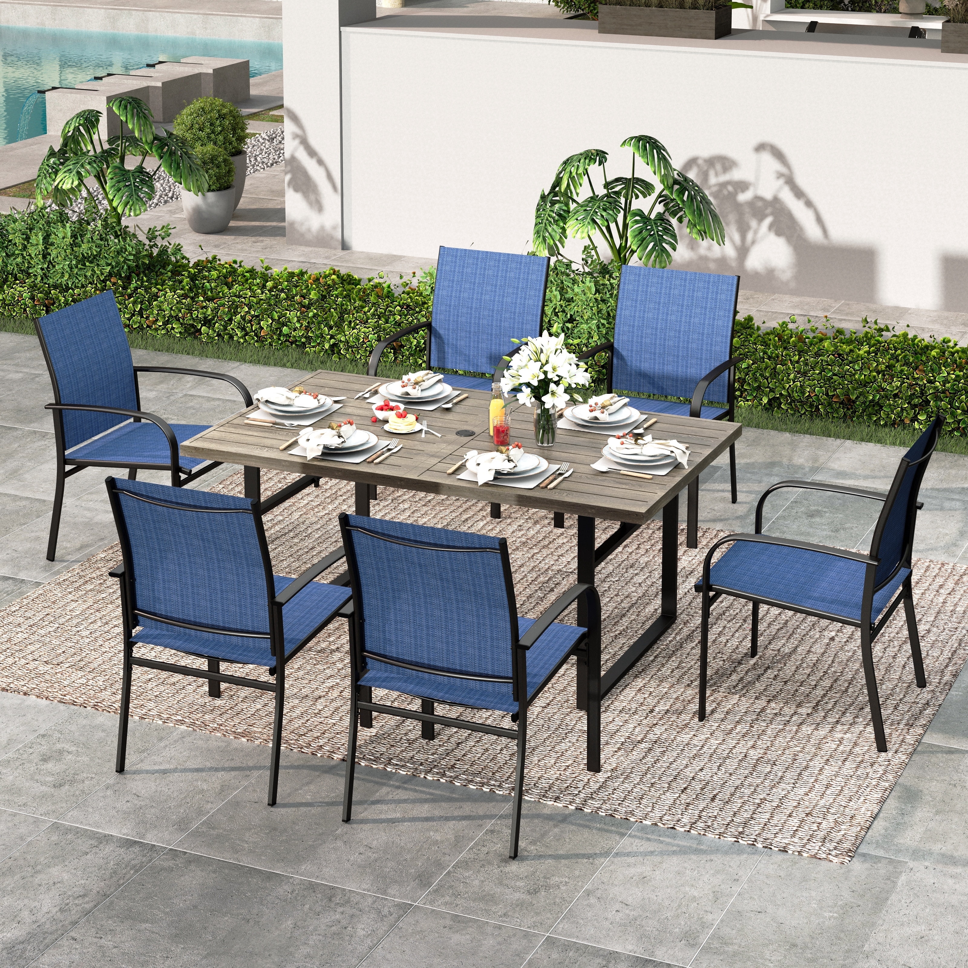 SUMMIT LIVING 7-Piece Outdoor Patio Dining Set with 6 Pieces Textilene Chairs & Rectangular Steel Table with Umbrella Hole, Brown & Blue