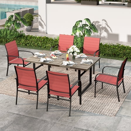 Summit Living 7-Piece Outdoor Patio Dining Set with 6 Pieces Textilene Chairs & Rectangular Steel Table with Umbrella Hole, Brown & Red