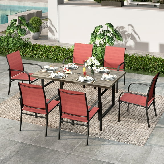 Summit Living 7-Piece Outdoor Patio Dining Set with 6 Pieces Textilene Chairs & Rectangular Steel Table with Umbrella Hole, Brown & Red