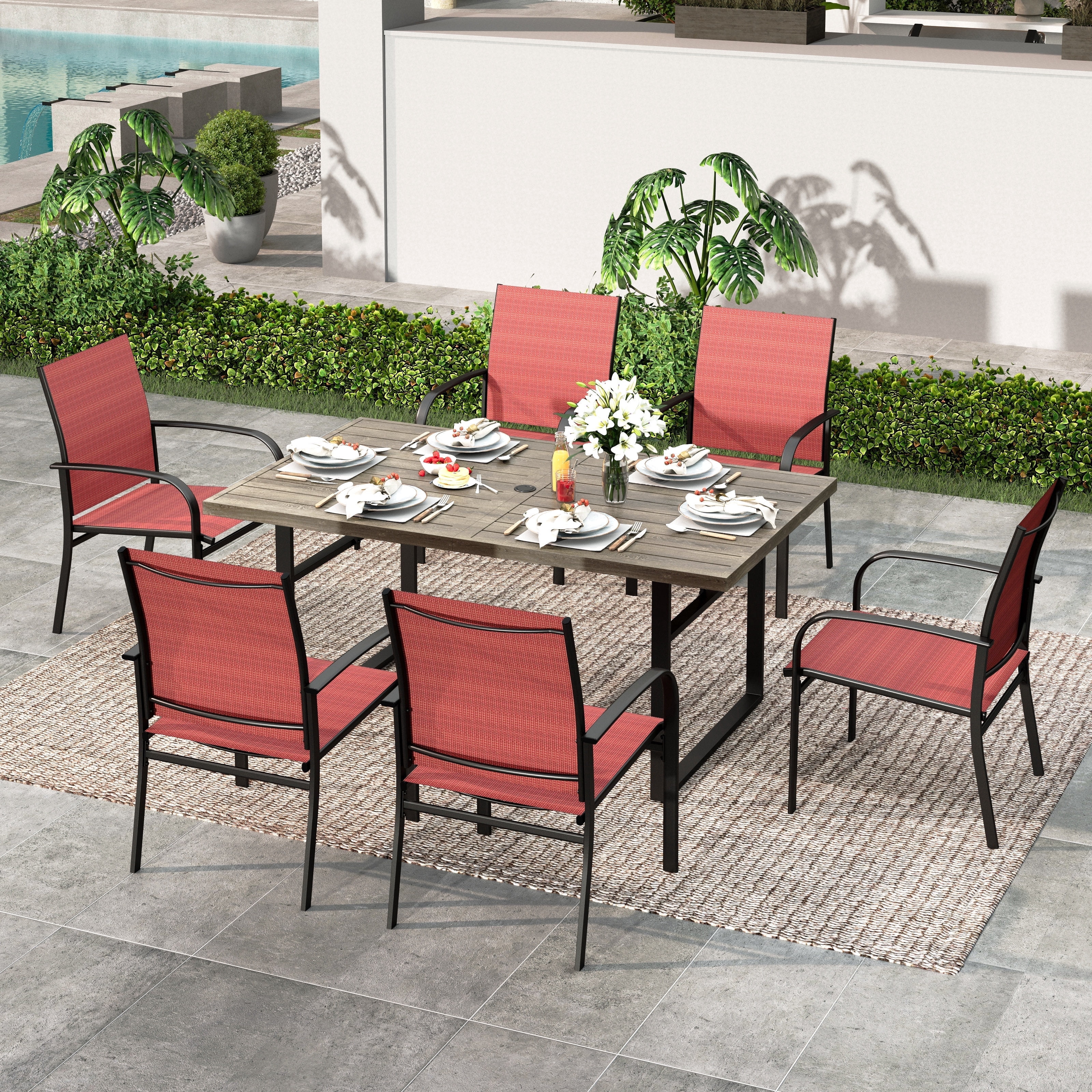 SUMMIT LIVING 7-Piece Outdoor Patio Dining Set with 6 Pieces Textilene Chairs & Rectangular Steel Table with Umbrella Hole, Brown & Red