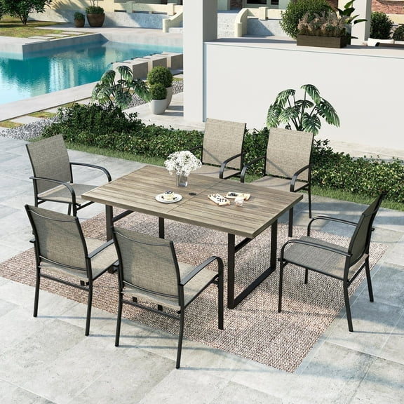 Summit Living 7-Piece Outdoor Patio Dining Set with 6 Pieces Textilene Chairs & Rectangular Steel Table with Umbrella Hole, Brown