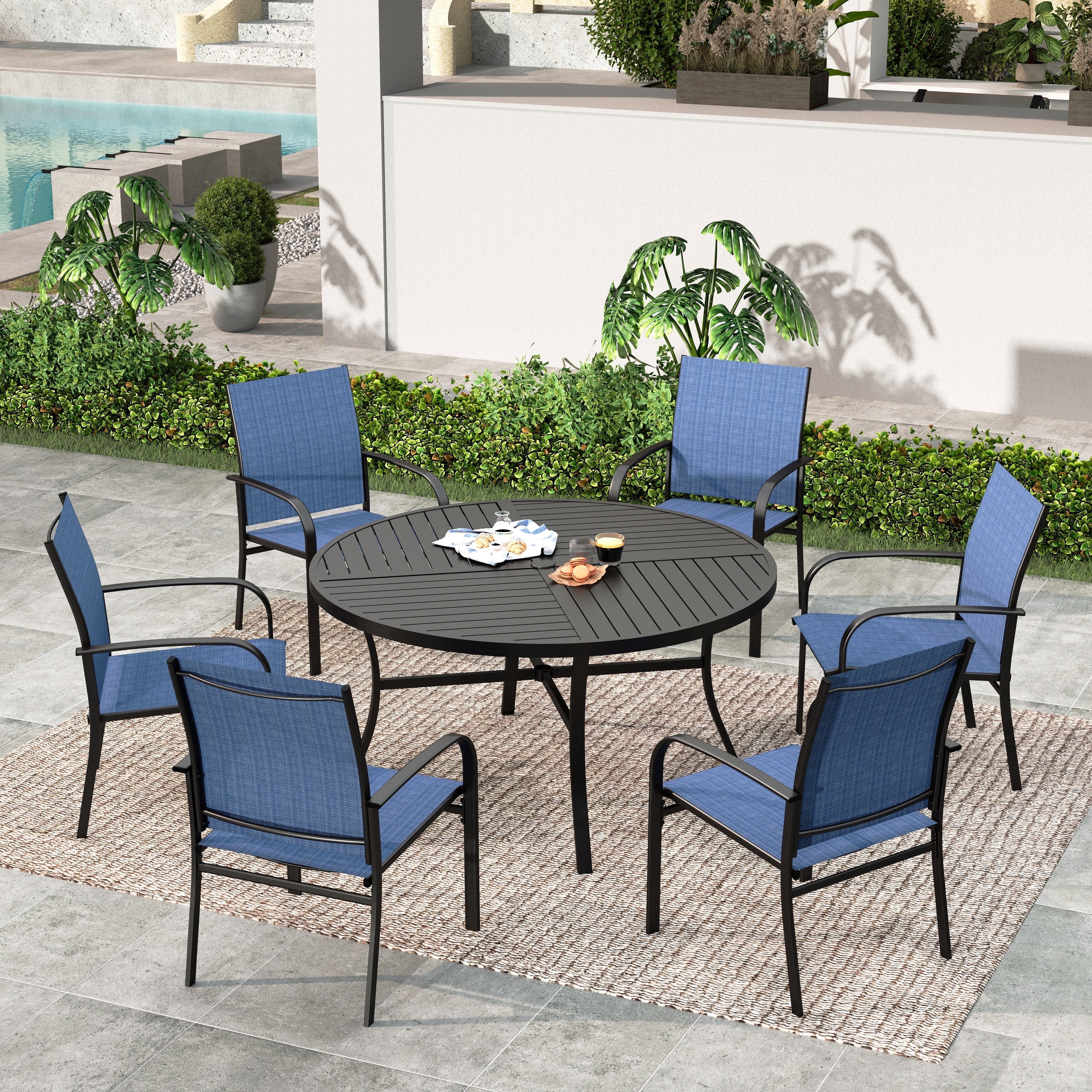 SUMMIT LIVING 7-Piece Outdoor Patio Dining Set with 6 Pieces Textilene Chairs & Round Steel Table with Umbrella Hole, Black & Blue