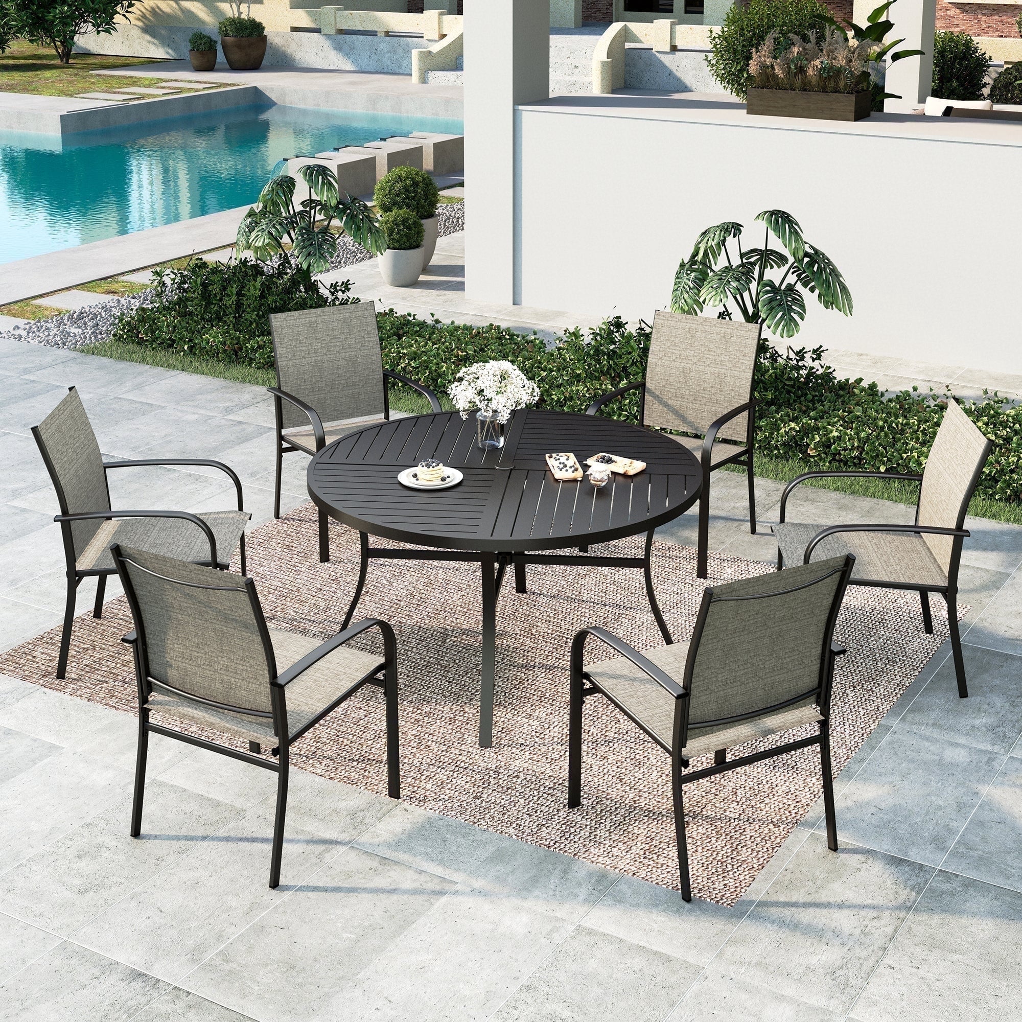 SUMMIT LIVING 7-Piece Outdoor Patio Dining Set with 6 Pieces Textilene Chairs & Round Steel Table with Umbrella Hole, Black & Brown