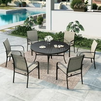 Summit Living 7-Piece Outdoor Patio Dining Set with 6 Pieces Textilene Chairs & Round Steel Table with Umbrella Hole, Black & Brown