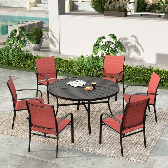 Summit Living 7-Piece Outdoor Patio Dining Set with 6 Pieces Textilene Chairs & Round Steel Table with Umbrella Hole, Black & Red