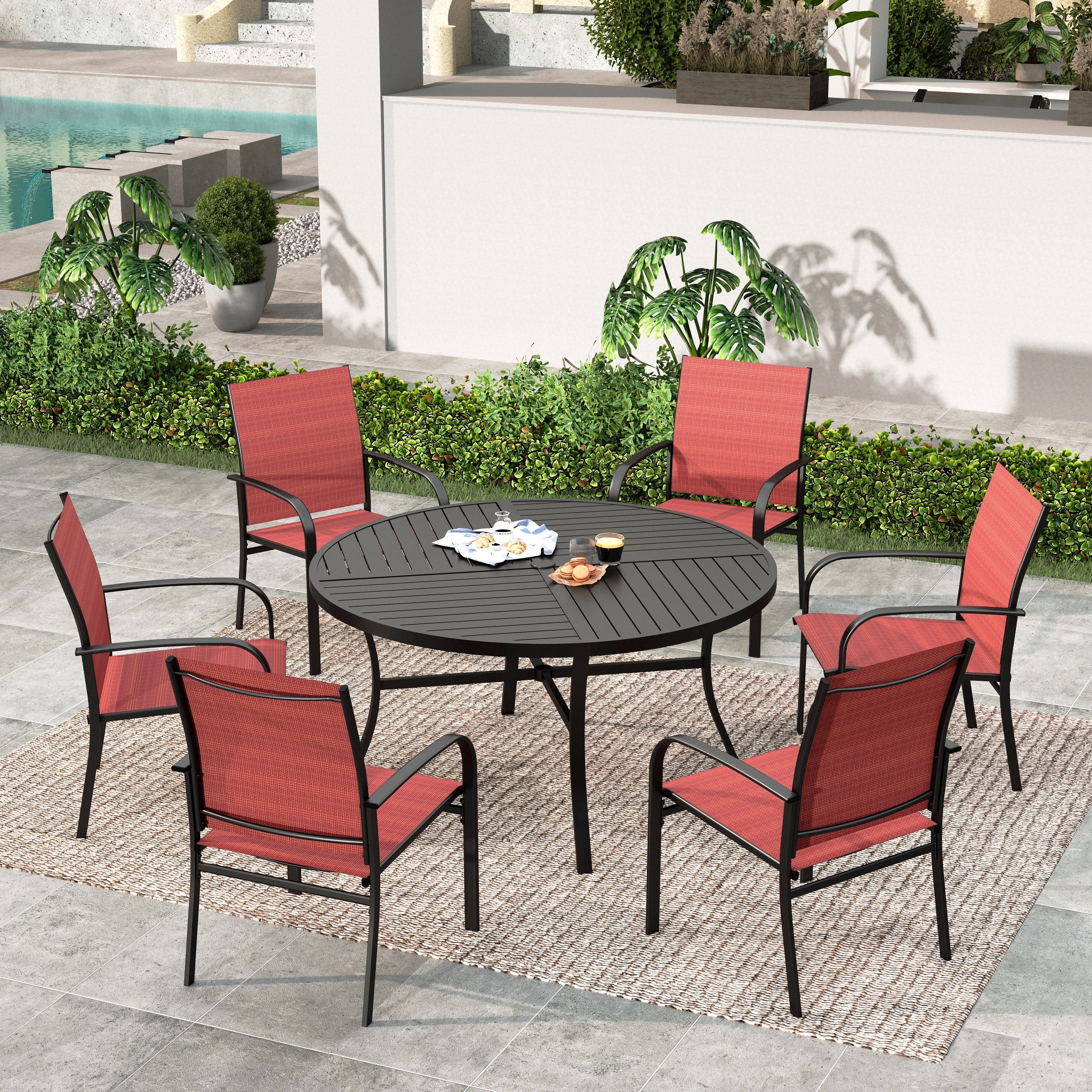 SUMMIT LIVING 7-Piece Outdoor Patio Dining Set with 6 Pieces Textilene Chairs & Round Steel Table with Umbrella Hole, Black & Red