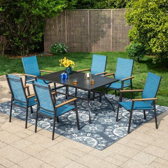 Summit Living 7-Piece Outdoor Patio Dining Set with 6 Stackable Blue Aluminum Armchairs & 1 Black Metal Steel Rectangular Table with Umbrella Hole