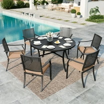 Summit Living 7-Piece Outdoor Patio Dining Set with 6 Steel Stackable ArmChairs with Cushions & Round Table with Umbrella Hole, Black & Beige