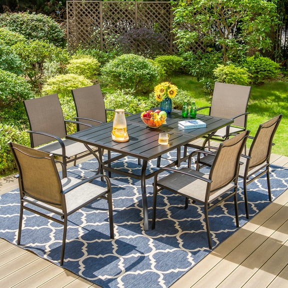 Summit Living 7-Piece Outdoor Patio Dining Set with 6 Textilene Chairs & 1 Metal Steel Table, Black & Gray